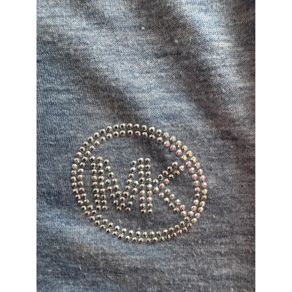 Michael Kors Womens Cowl Neck Top Blue Gray Rhinestone MK Logo Long Sleeve S